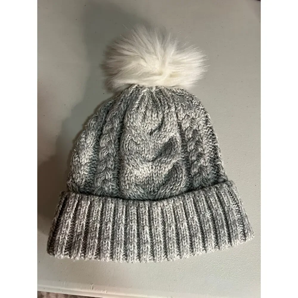 GAP Kids Girls Cable Knit Pom Beanie Hat Winter Warm Faux Fur Gray L/XL